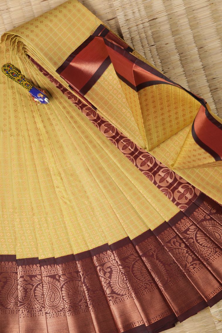Lemon Yellow Visiri Madippu Silk Sarees with Copper Zari Checks view 1