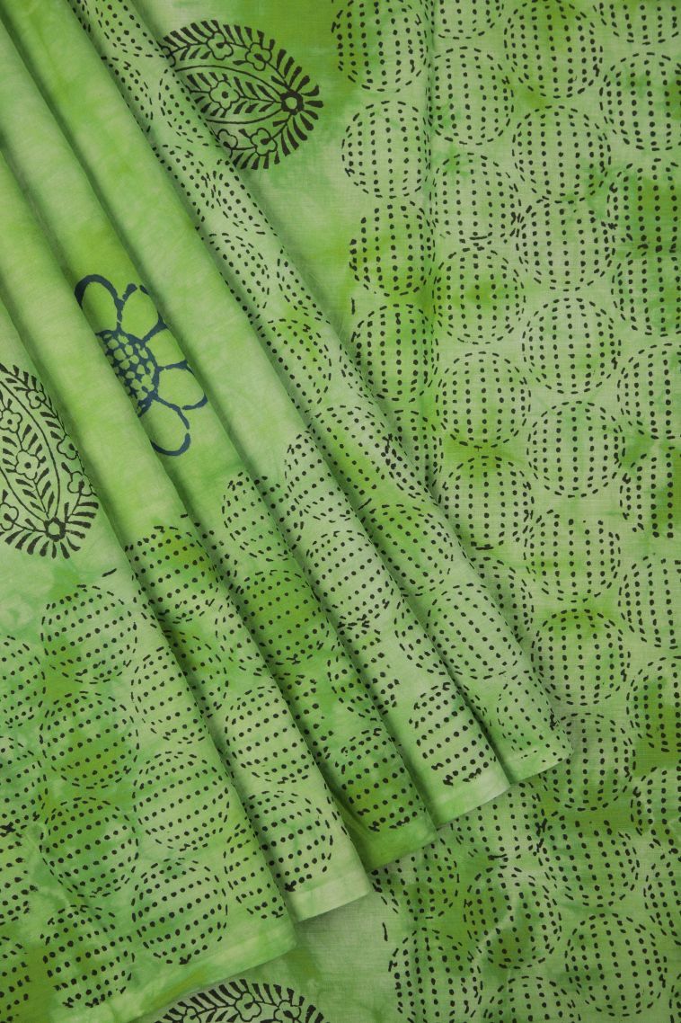 Lime Green Cotton Sarees with Without Zari Zari Floral Patterns view 1