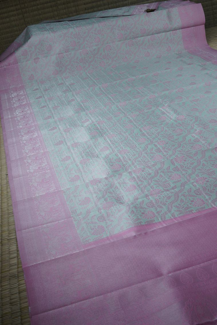 Arctic Blue Visiri Madippu Silk Sarees with Silver Zari Floral Patterns view 2