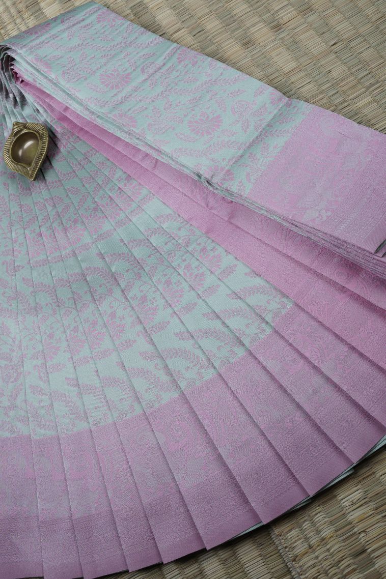 Arctic Blue Visiri Madippu Silk Sarees with Silver Zari Floral Patterns view 1