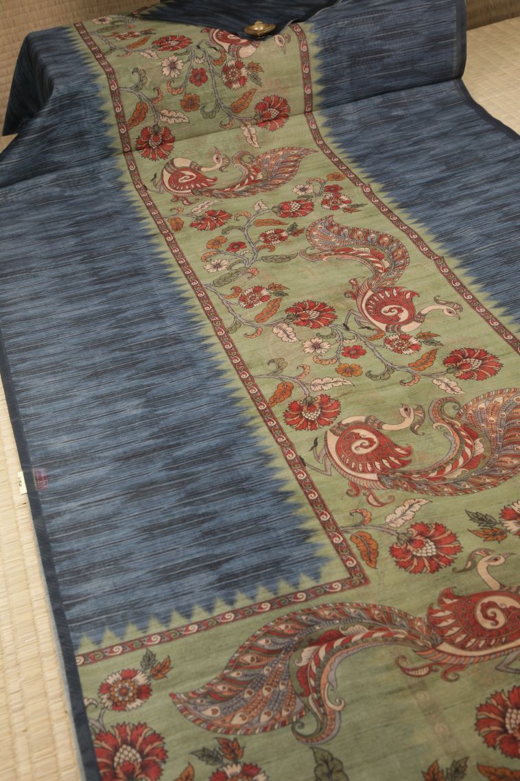 Olive Green Tussar Saree with Without Zari Zari Floral Patterns view 2