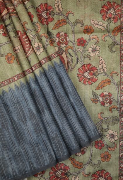 Olive Green Tussar Saree with Without Zari Zari Floral Patterns