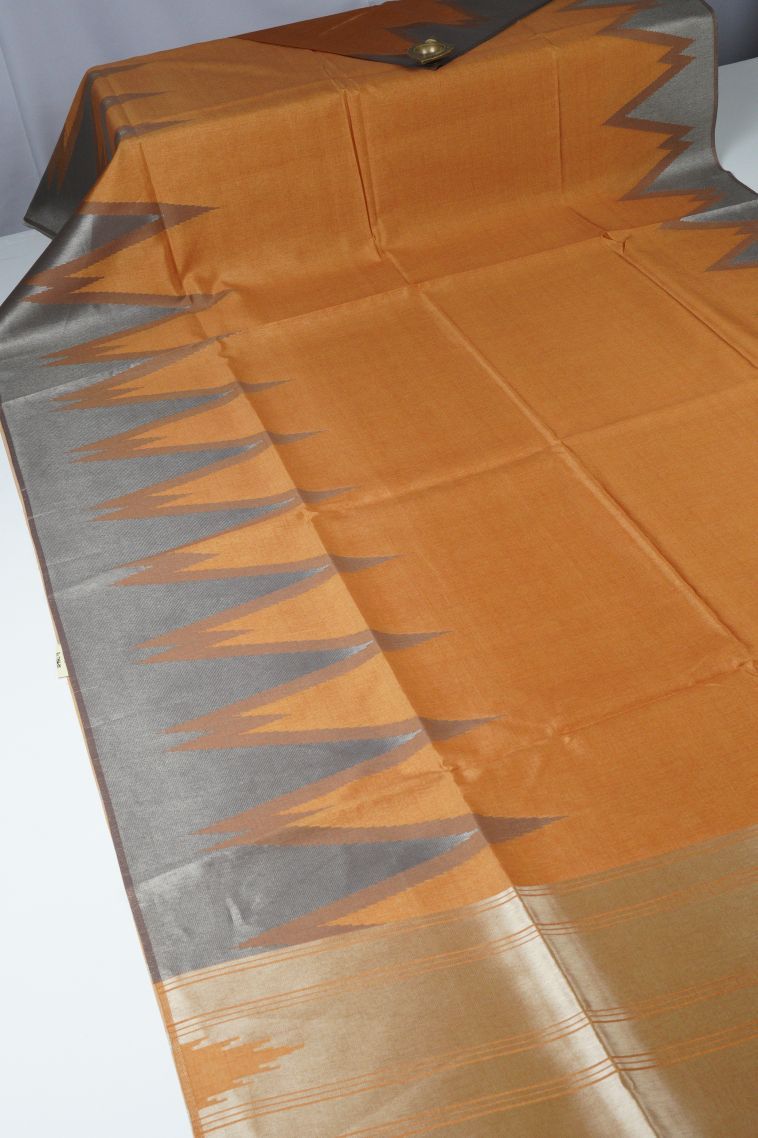 Gold Tussar Saree with Silver Zari Floral Patterns view 2