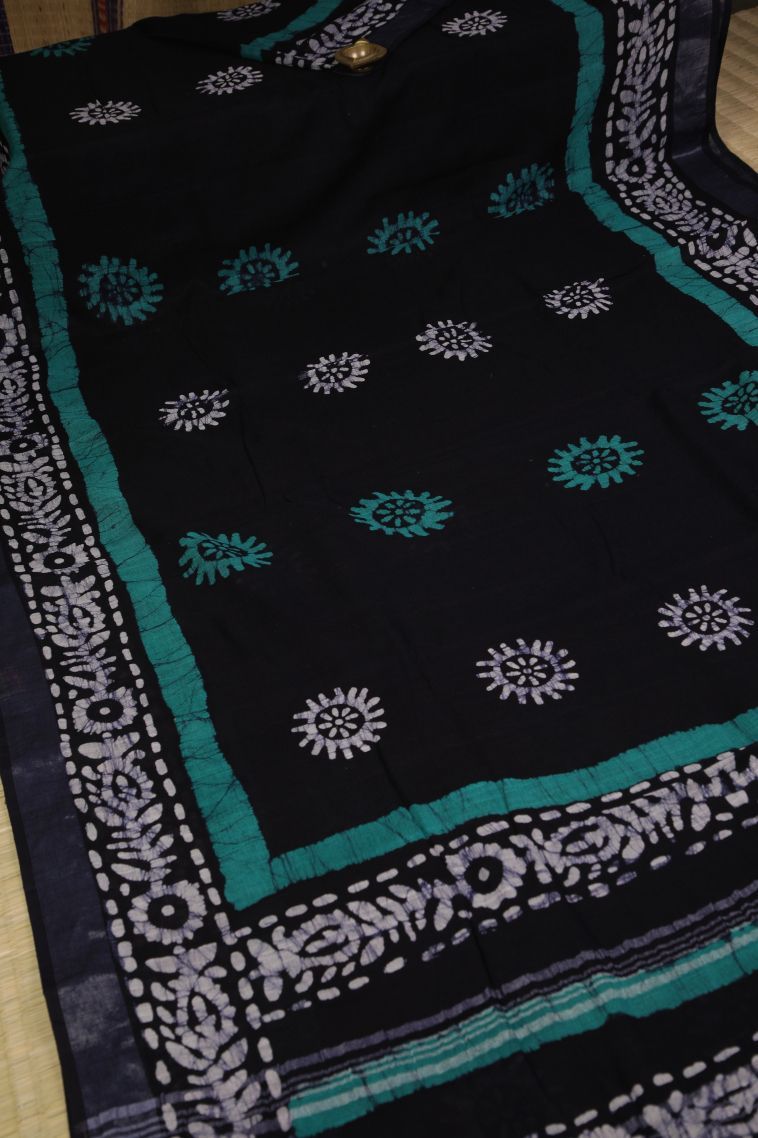 Denim Blue Cotton Sarees with Without Zari Zari Buttis (small Dots Or Motifs) view 2