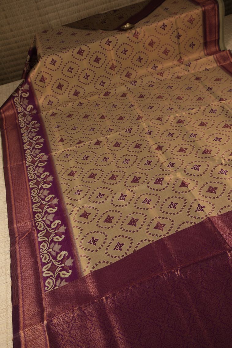 Cream White Apoorva Silk Sarees with Copper Zari Floral Patterns view 2