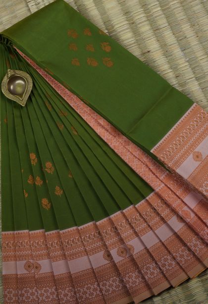 Juniper Green Visiri Madippu Silk Sarees with Gold Zari Buttis (small Dots Or Motifs)