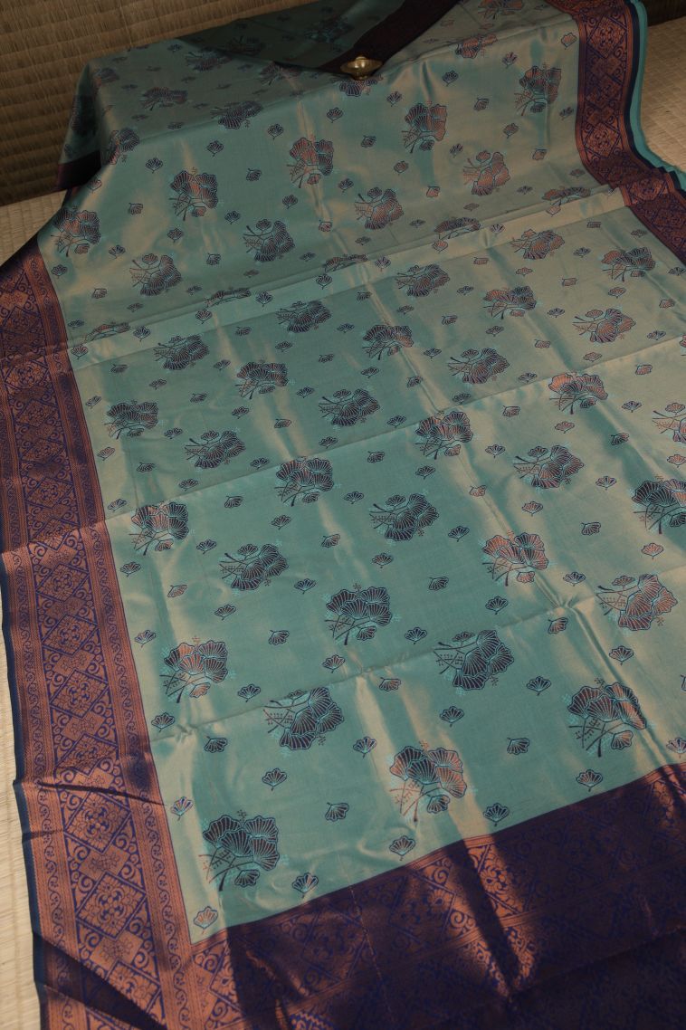 Teal Blue Apoorva Silk Sarees with Copper Zari Floral Patterns view 2