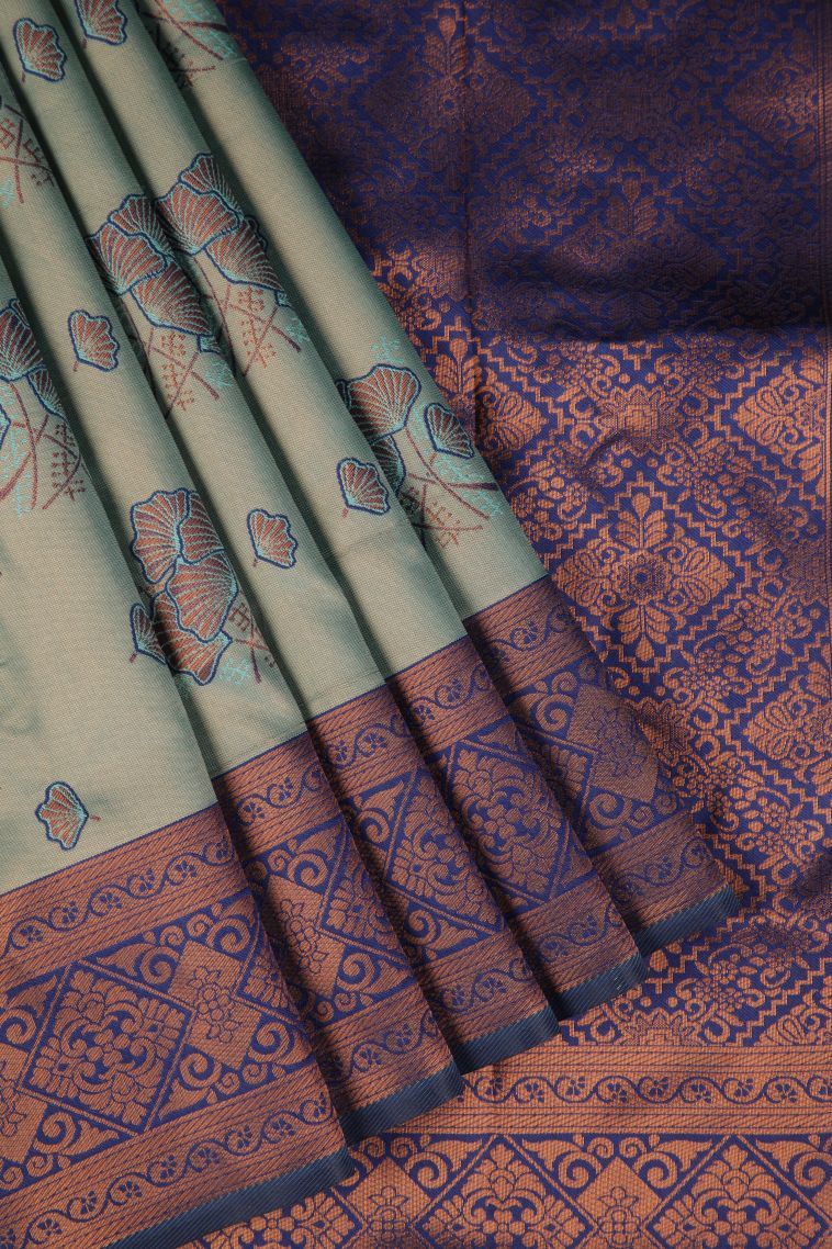 Teal Blue Apoorva Silk Sarees with Copper Zari Floral Patterns view 1