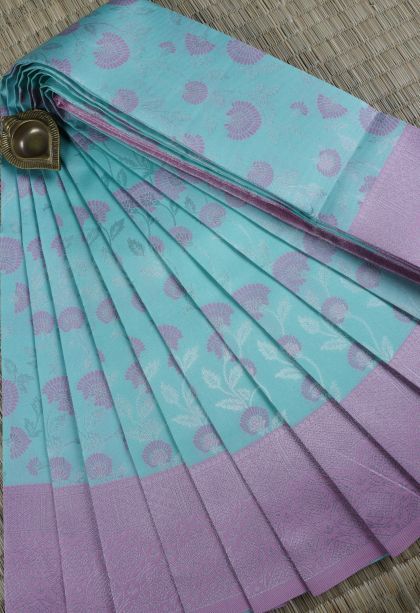 Arctic Blue Visiri Madippu Silk Sarees with Silver Zari Floral Patterns