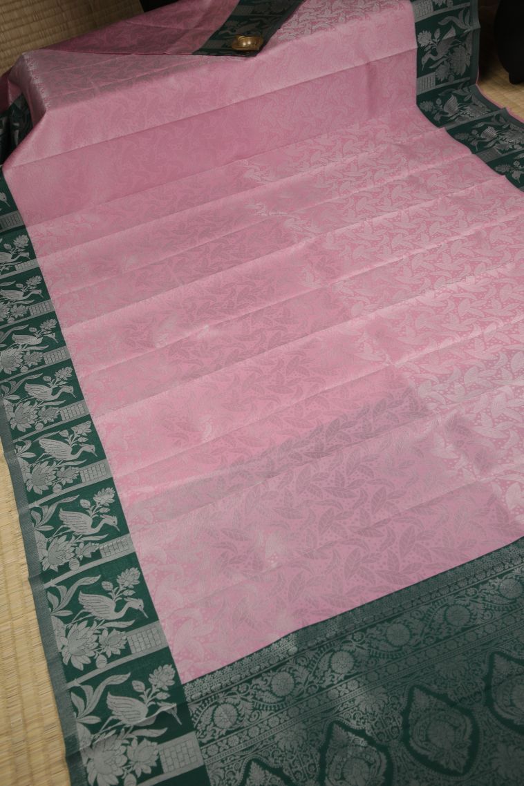 Ballet Pink Visiri Madippu Silk Sarees with Silver Zari Floral Patterns view 2