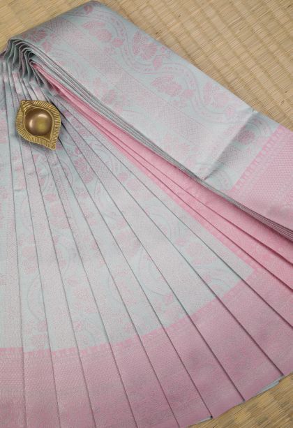 Sky Blue Visiri Madippu Silk Sarees with Silver Zari Floral Patterns