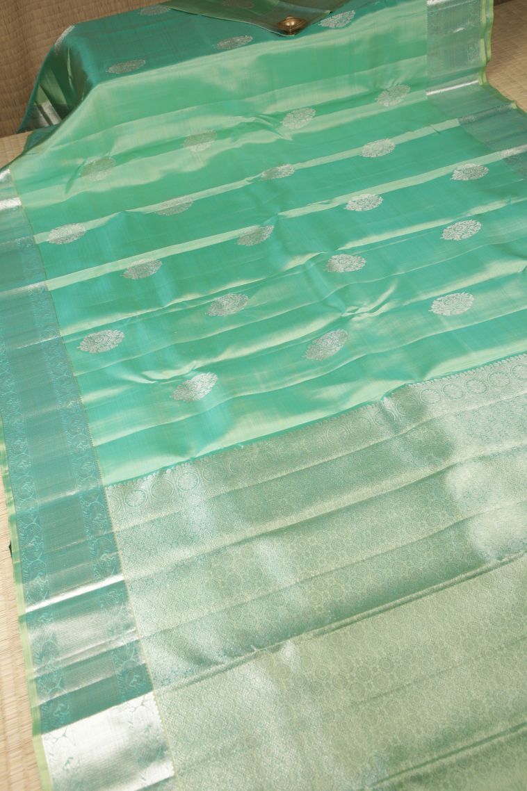 Mint Green Kanchipuram Silk Sarees with Silver Zari Buttis (small Dots Or Motifs) view 2