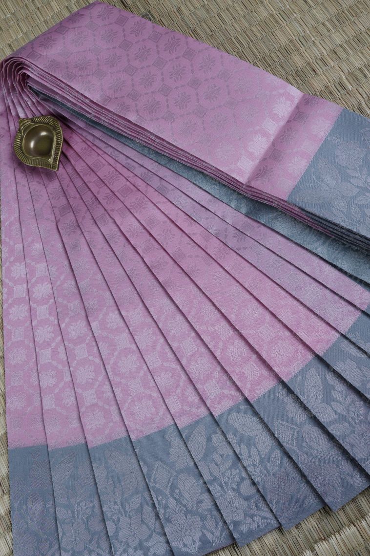 Ballet Pink Visiri Madippu Silk Sarees with Silver Zari Floral Patterns view 1