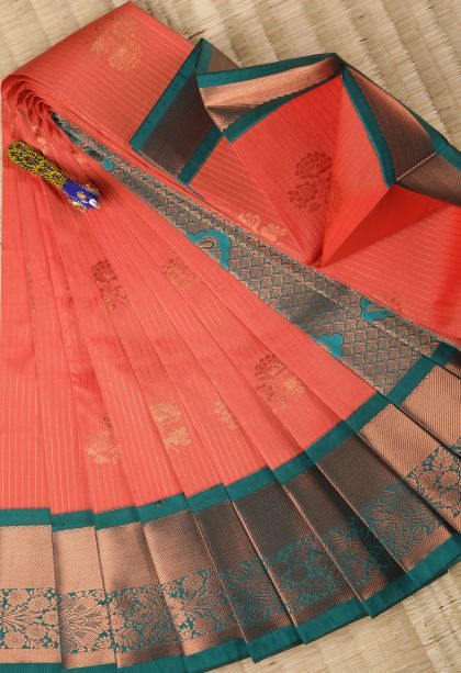 Rose  Red Visiri Madippu Silk Sarees with Copper Zari Stripes