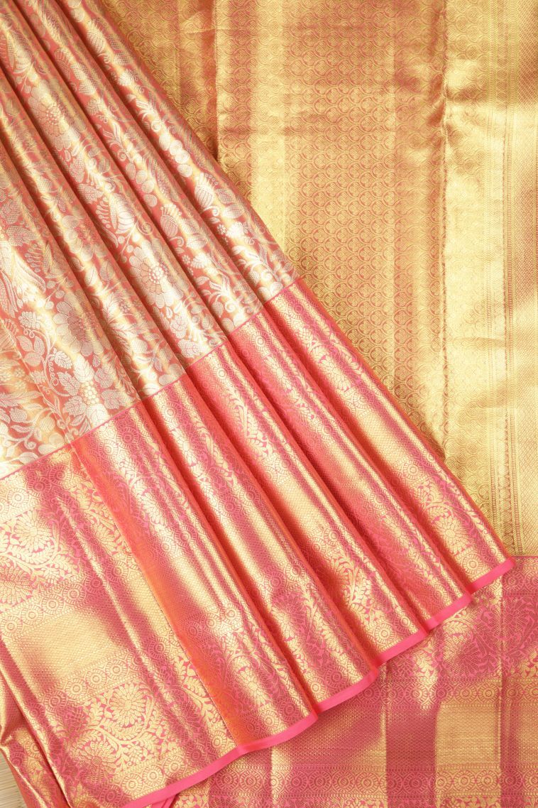 Peach Pink Kanchipuram Silk Sarees with Gold Zari Floral Patterns view 1