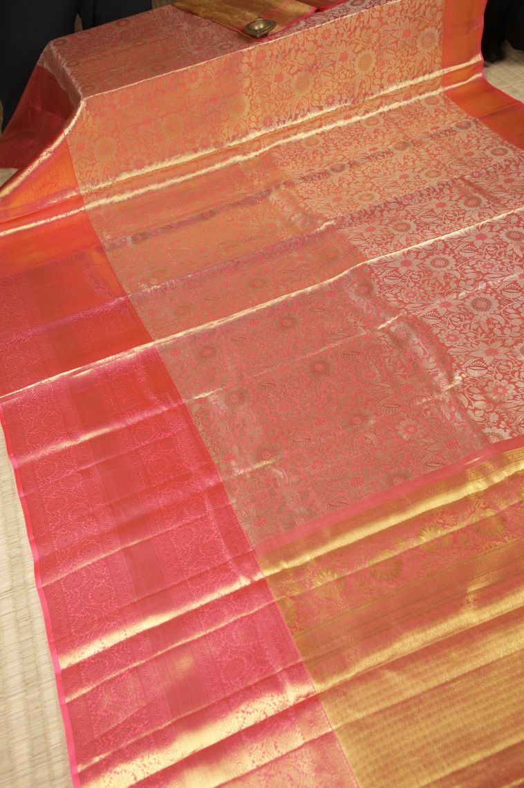 Peach Pink Kanchipuram Silk Sarees with Gold Zari Floral Patterns view 2