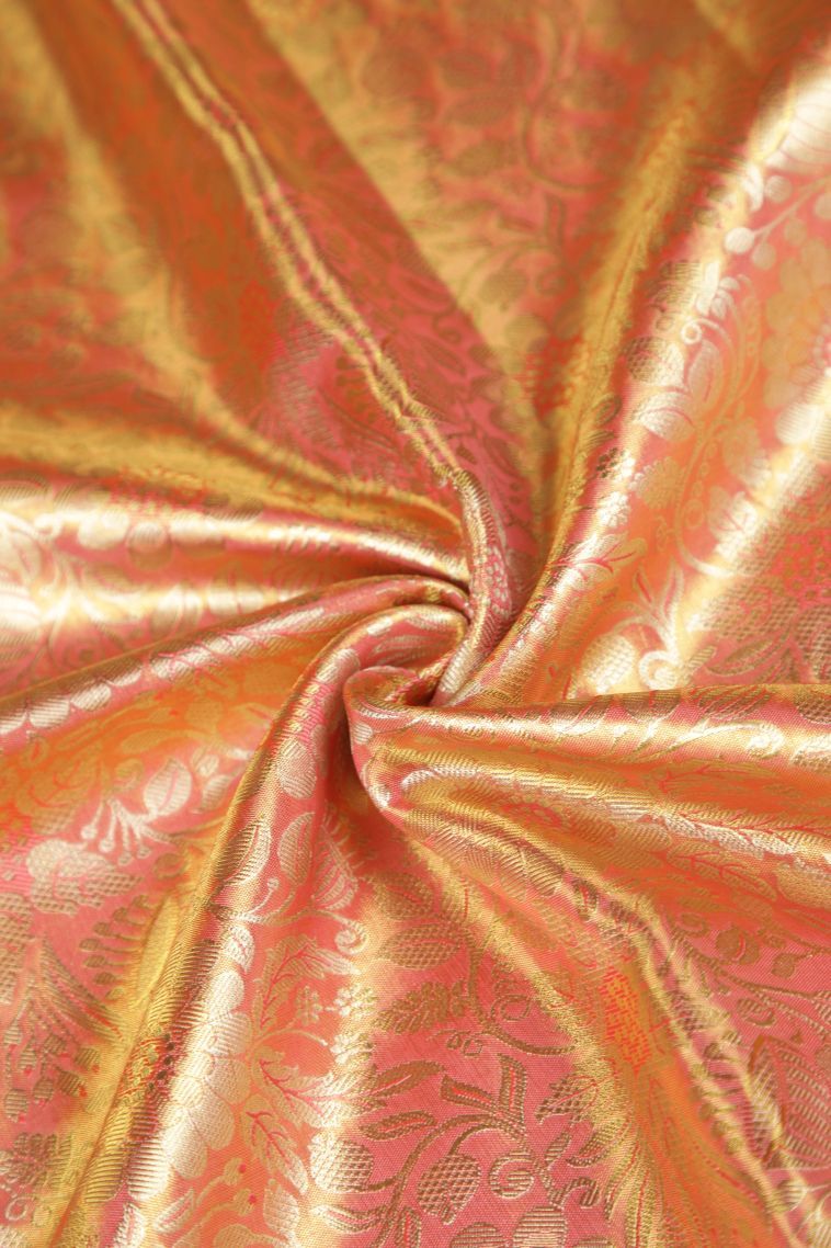 Peach Pink Kanchipuram Silk Sarees with Gold Zari Floral Patterns view 4