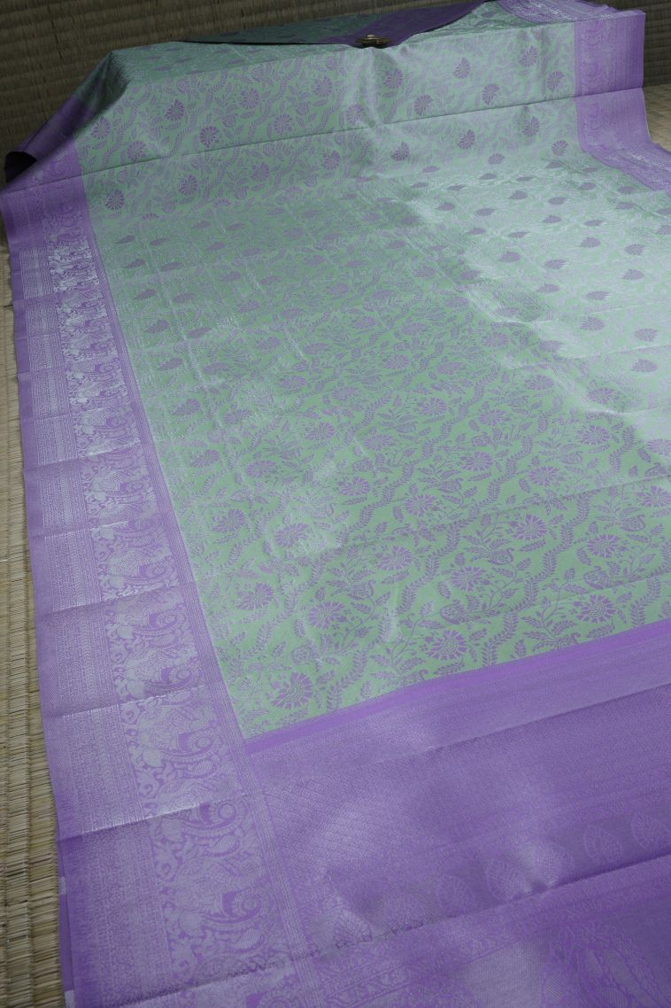 Pistachio Green Visiri Madippu Silk Sarees with Silver Zari Floral Patterns view 2