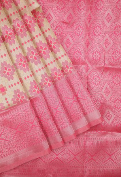 Cream White Apoorva Silk Sarees with Copper Zari Buttis (small Dots Or Motifs)