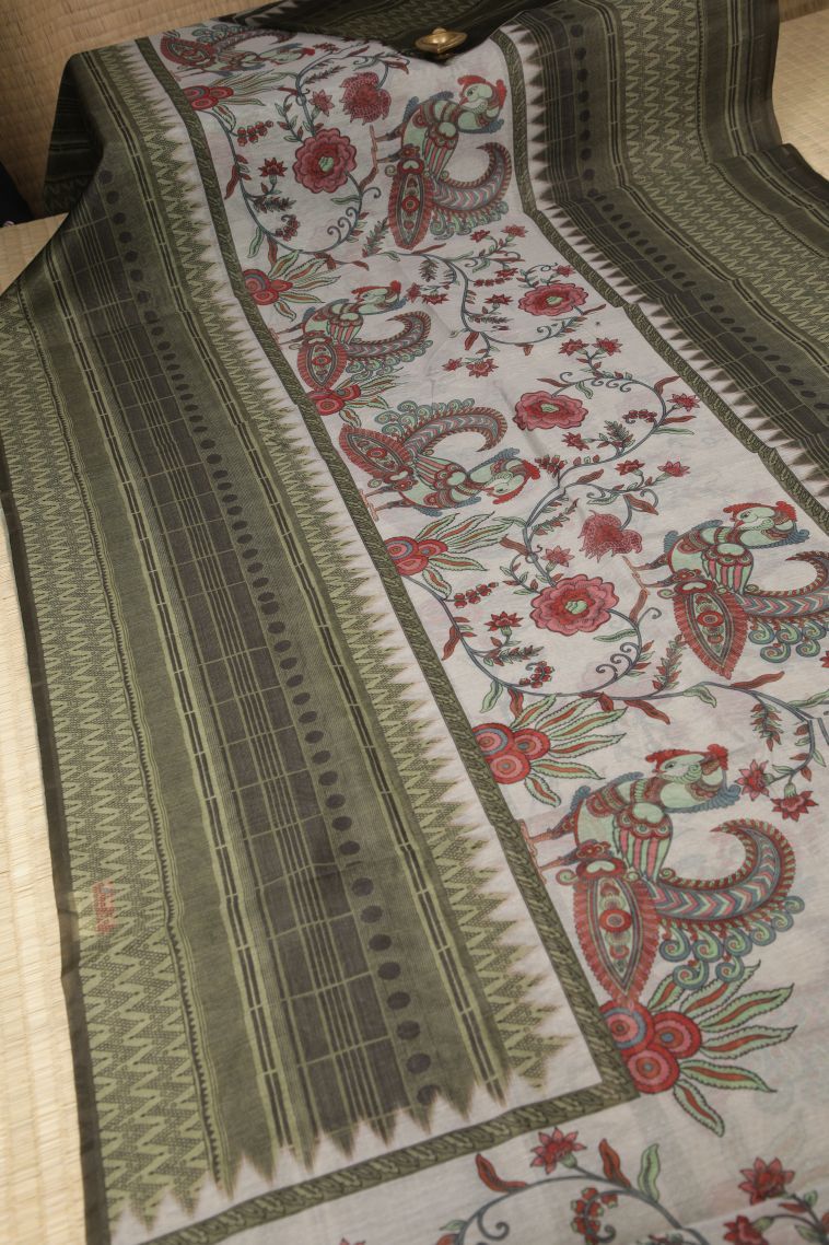 Alabaster White Tussar Saree with Without Zari Zari Floral Patterns view 2