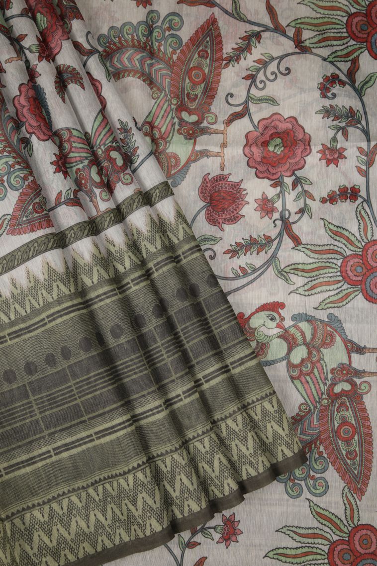 Alabaster White Tussar Saree with Without Zari Zari Floral Patterns view 1