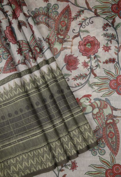 Alabaster White Tussar Saree with Without Zari Zari Floral Patterns