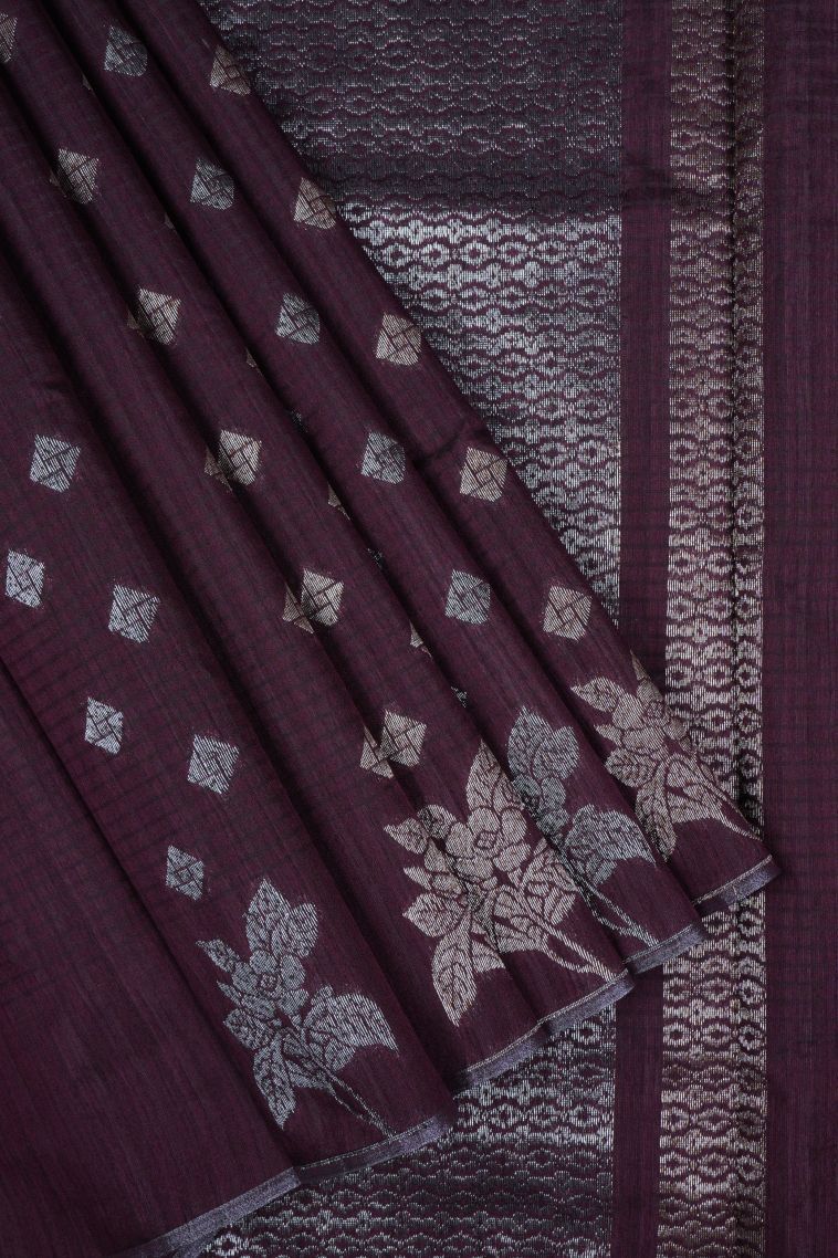 Sangria Purple Tussar Saree with Gold And Silver Zari Buttis (small Dots Or Motifs) view 1