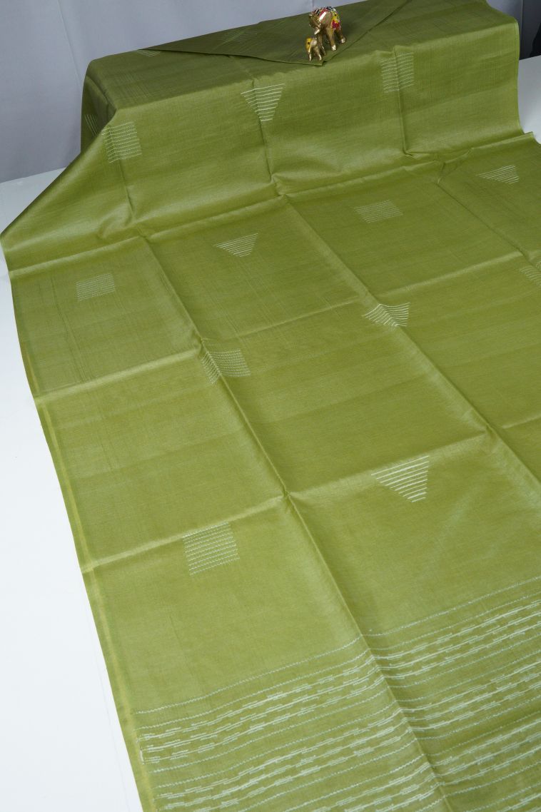 Pickle Green Tussar Saree with Without Zari Zari Buttis (small Dots Or Motifs) view 2
