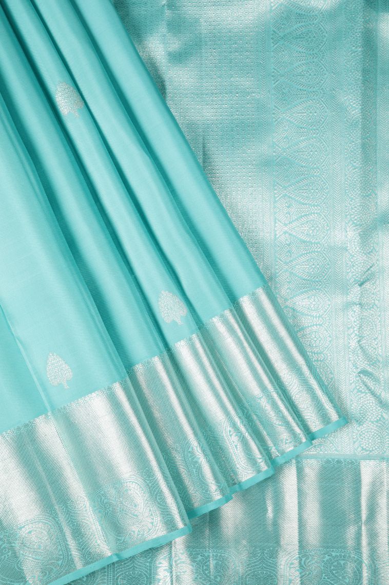 Sky Blue Kanchipuram Silk Sarees with Silver Zari Buttis (small Dots Or Motifs) view 1