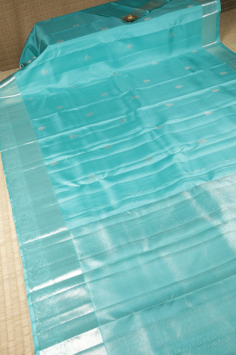 Sky Blue Kanchipuram Silk Sarees with Silver Zari Buttis (small Dots Or Motifs) view 2