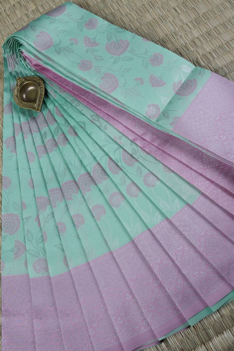 Arctic Blue Visiri Madippu Silk Sarees with Silver Zari Floral Patterns view 1