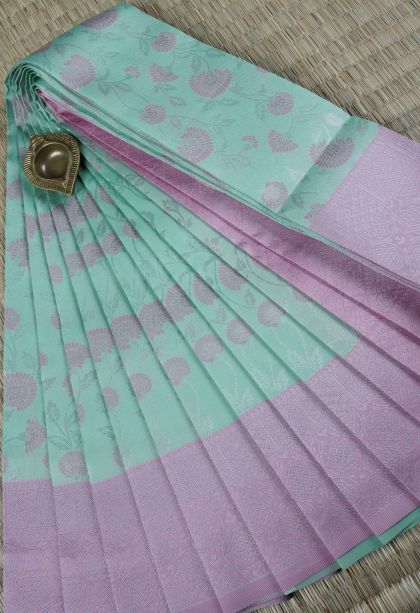 Arctic Blue Visiri Madippu Silk Sarees with Silver Zari Floral Patterns