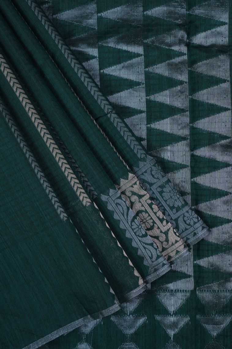 Bottle Green Tussar Saree with Gold And Silver Zari Stripes view 1