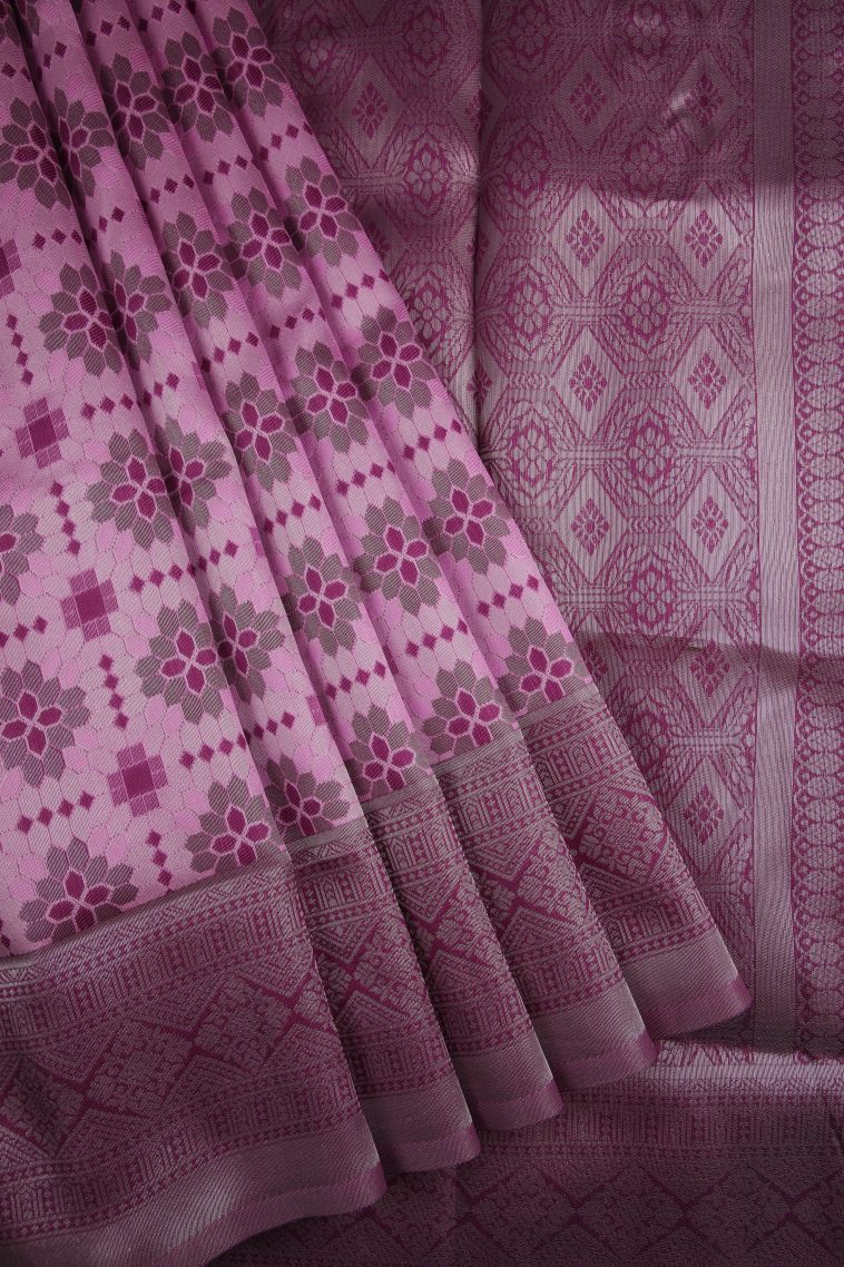 Ballet Pink Apoorva Silk Sarees with Silver Zari Buttis (small Dots Or Motifs) view 1