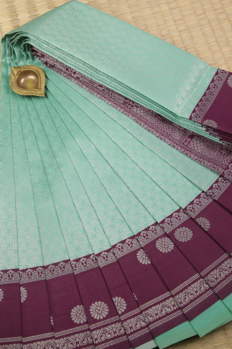 Pistachio Green Visiri Madippu Silk Sarees with Silver Zari Floral Patterns view 1