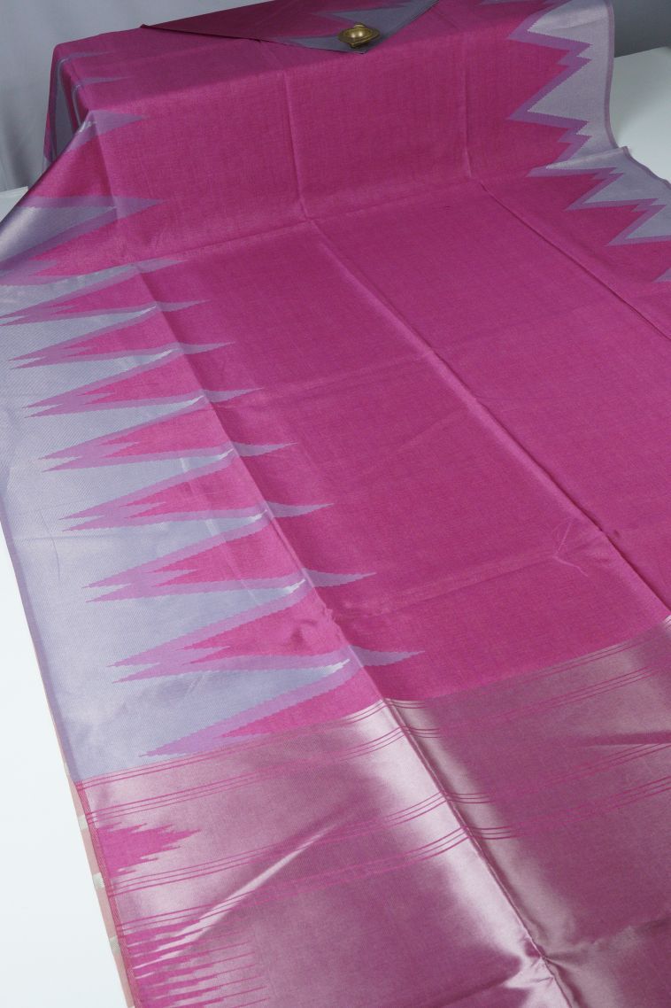 Bubblegum Pink Tussar Saree with Silver Zari Floral Patterns view 2