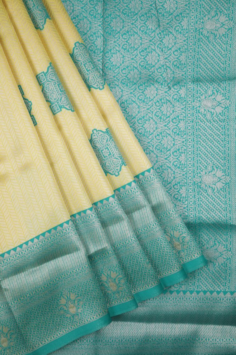 Lemon Yellow Apoorva Silk Sarees with Silver Zari Floral Patterns view 1