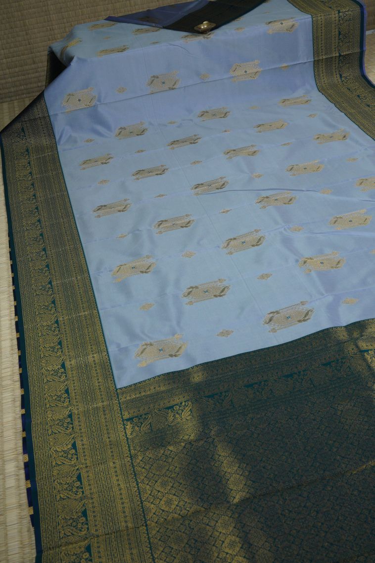 Slate Blue Visiri Madippu Silk Sarees with Gold And Silver Zari Buttis (small Dots Or Motifs) view 2