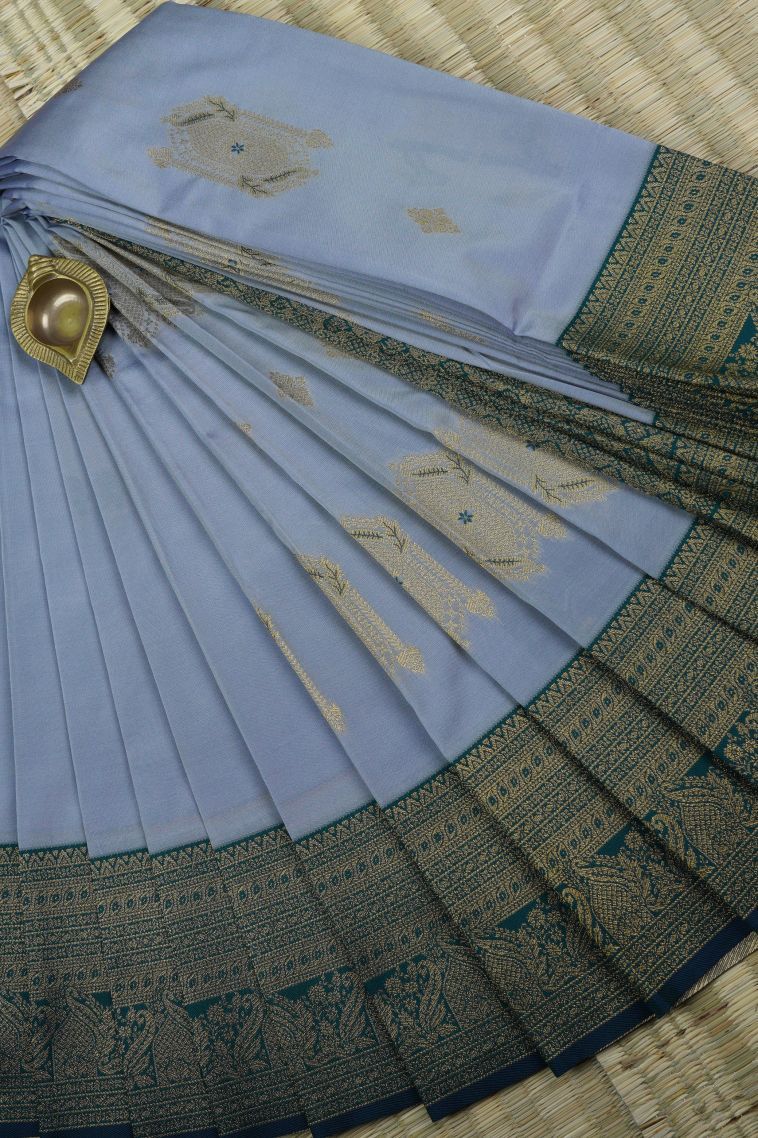 Slate Blue Visiri Madippu Silk Sarees with Gold And Silver Zari Buttis (small Dots Or Motifs) view 1