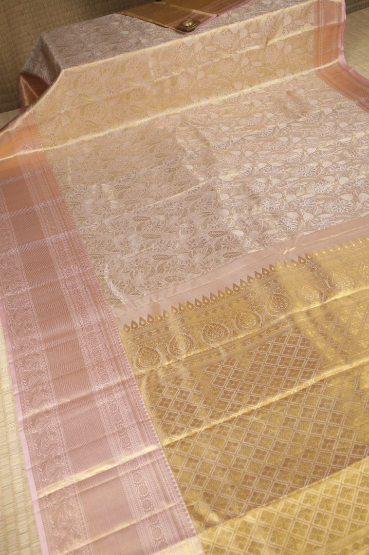 Gold Kanchipuram Silk Sarees with Gold Zari Floral Patterns view 2