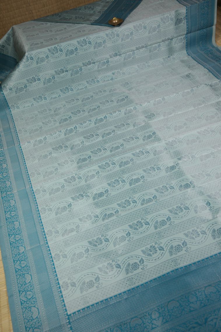 Sky Blue Visiri Madippu Silk Sarees with Silver Zari Floral Patterns view 2