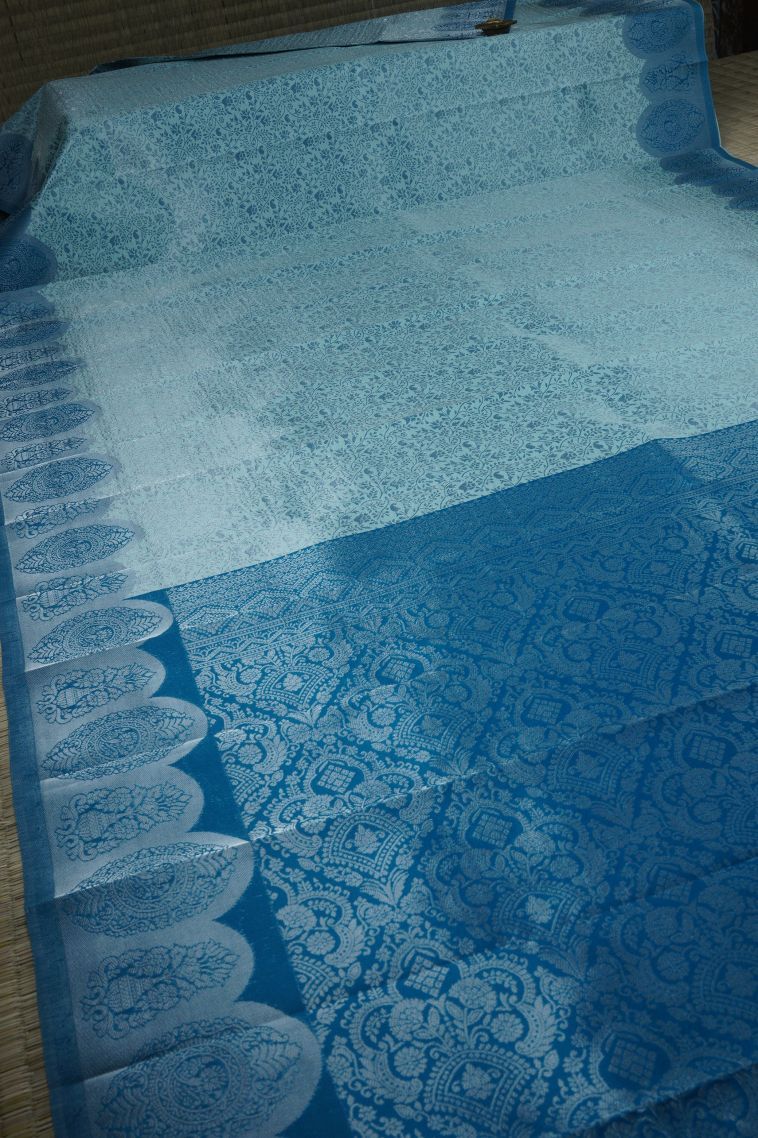 Arctic Blue Visiri Madippu Silk Sarees with Silver Zari Floral Patterns view 2