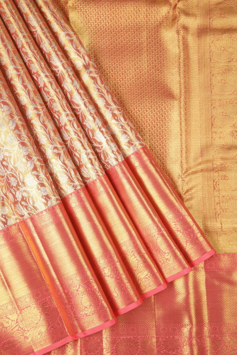 Peach Pink Kanchipuram Silk Sarees with Gold Zari Floral Patterns view 1