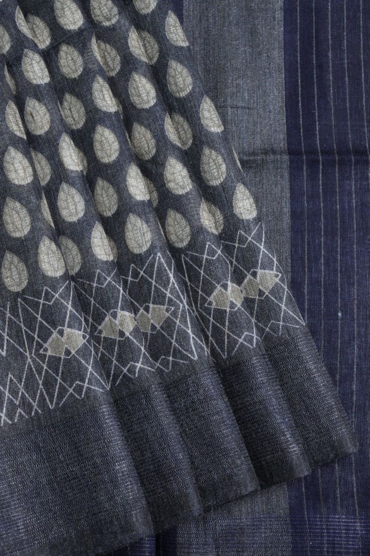 Charcoal Black Chanderi Cotton Sarees with Without Zari Zari Floral Patterns view 1