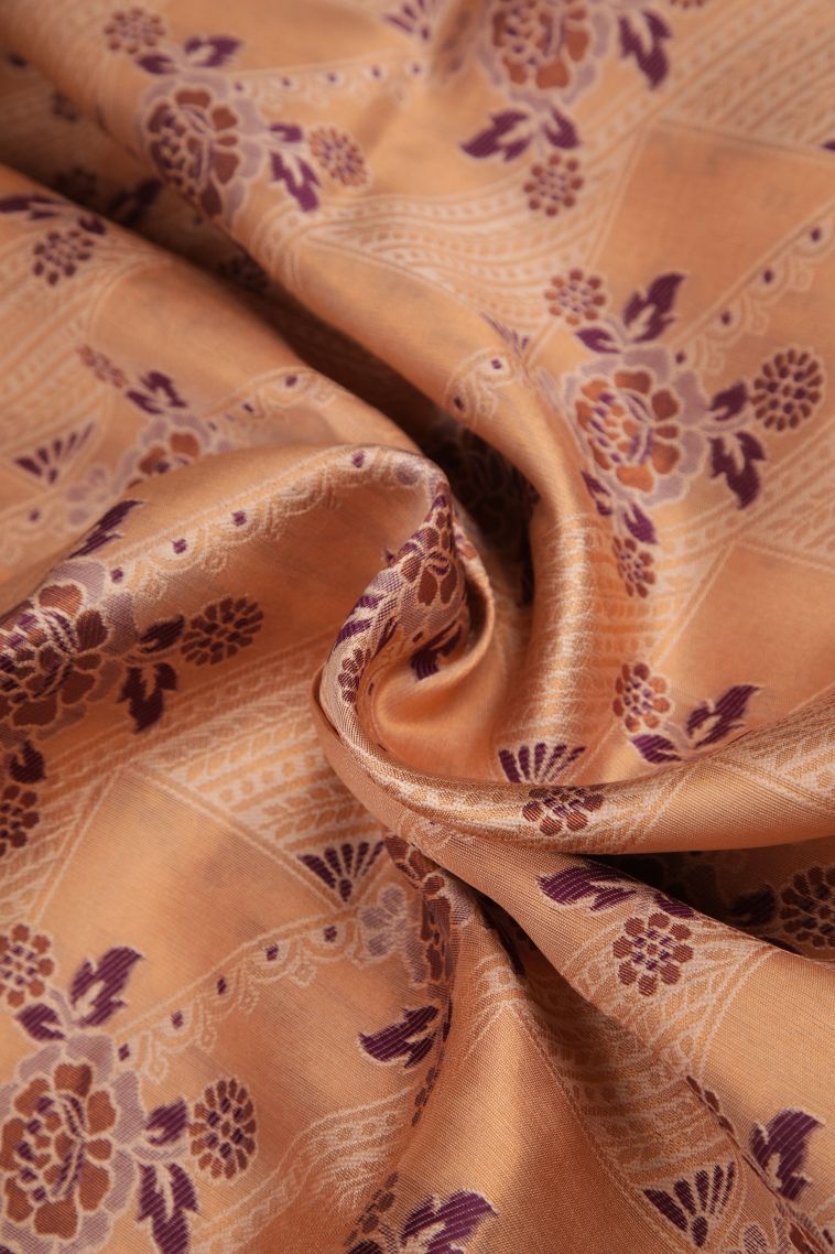 Peach Pink Apoorva Silk Sarees with Copper Zari Floral Patterns view 4