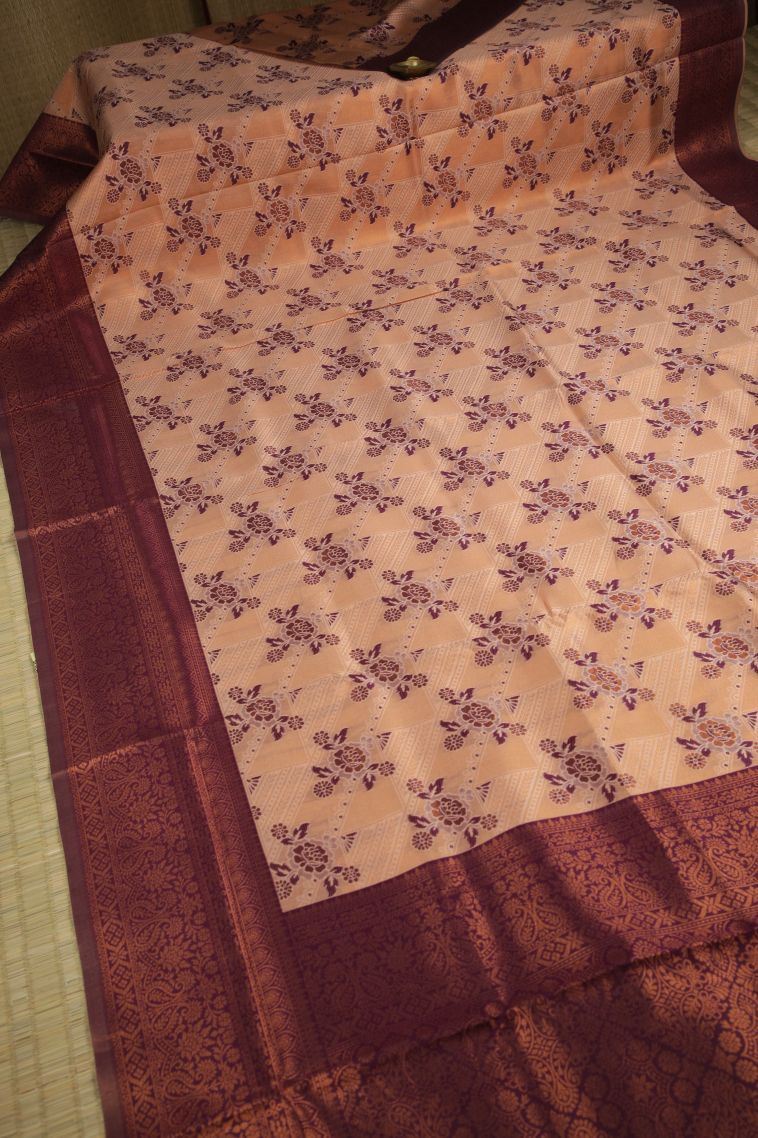 Peach Pink Apoorva Silk Sarees with Copper Zari Floral Patterns view 2
