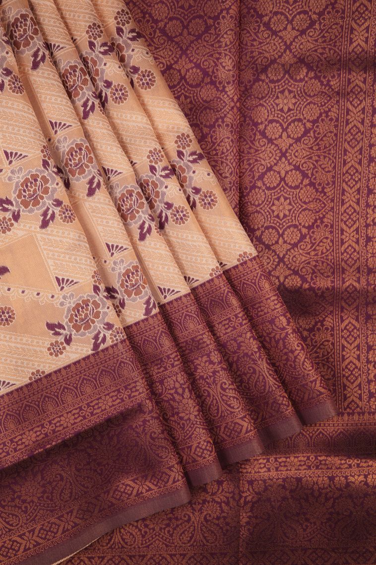 Peach Pink Apoorva Silk Sarees with Copper Zari Floral Patterns view 1