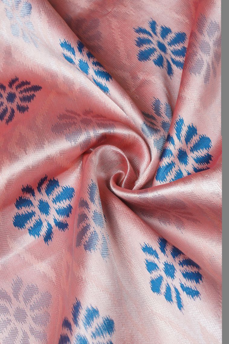 Salmon Pink Apoorva Silk Sarees with Silver Zari Floral Patterns view 4