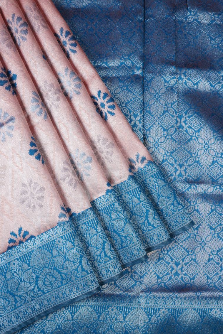 Salmon Pink Apoorva Silk Sarees with Silver Zari Floral Patterns view 1