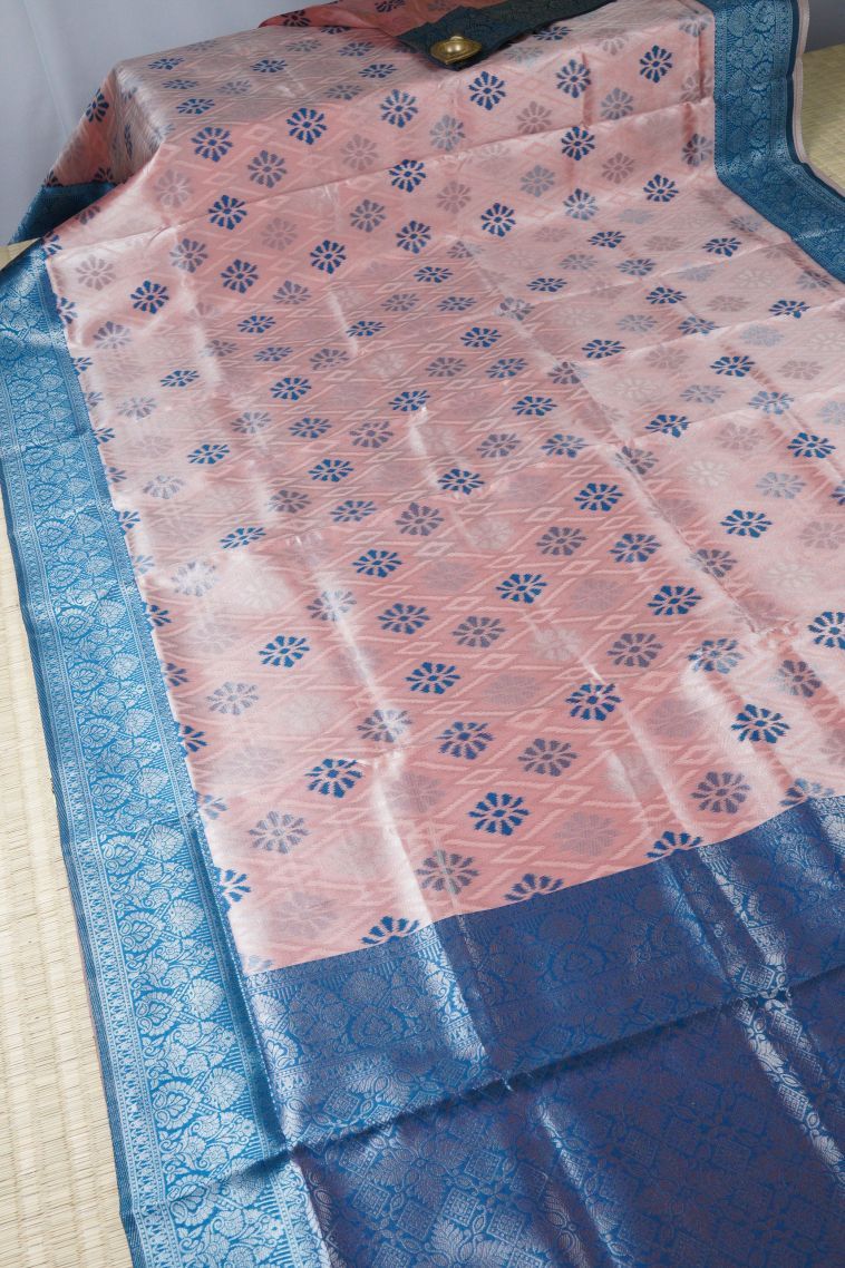 Salmon Pink Apoorva Silk Sarees with Silver Zari Floral Patterns view 2